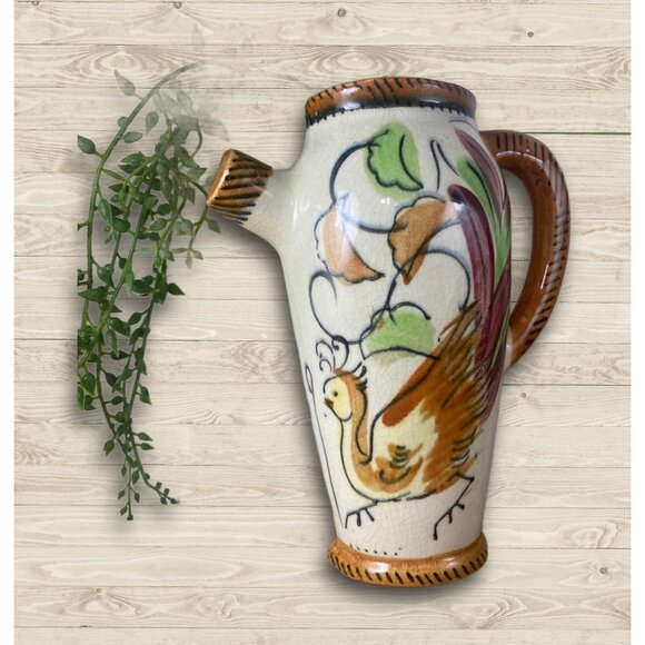 Vintage Japan Wall Vase Hand-Painted Ceramic Pitcher With Rooster & Floral - Picture 1 of 5